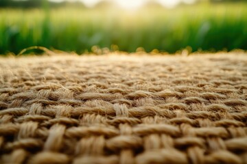 Poster - Close-up view of woven jute fabric against a blurred green field background at sunset.
