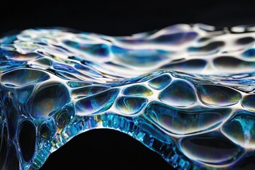 Poster - Abstract image of a blue, iridescent, textured surface resembling a liquid or glass with organic shapes and a wavy form.