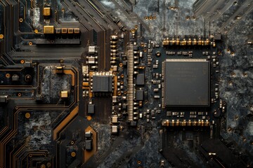 Poster - Close-up of a dusty, old circuit board, showcasing intricate electronic components and pathways.