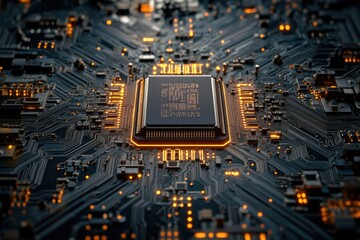 Aufkleber - Close-up view of a central processing unit (CPU) on a circuit board, showcasing intricate details and glowing components.