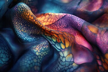Poster - Close-up of vibrant, multicolored silk fabric with an intricate, textured pattern.