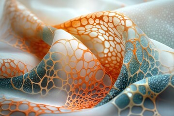 Poster - Close-up of elegant, translucent fabric with an orange and teal abstract pattern.