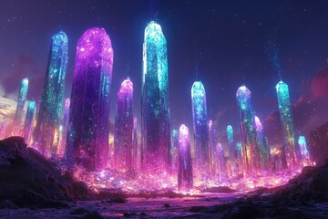 Poster - Glowing crystal structures illuminate a surreal alien landscape under a starry night sky.