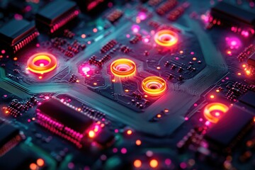 Poster - Close-up of a glowing circuit board, showcasing intricate electronic components and vibrant neon lights.