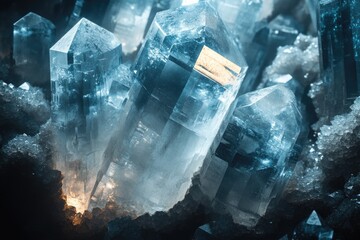 Poster - Close-up view of stunning, large, translucent blue quartz crystals clustered together in a dark matrix.