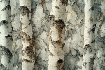 Leinwandbilder - Birch tree trunks against a weathered, textured wall, creating a natural, rustic scene.