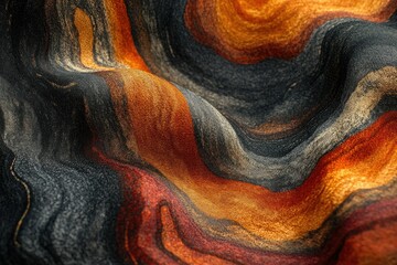 Aufkleber - Close-up of a luxurious fabric with swirling, abstract patterns in shades of orange, brown, and grey.