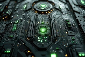 Fototapete - Close-up of a futuristic, dark green circuit board with glowing components, showcasing intricate technological details.