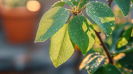 Wall Mural - Leaves with dew drops