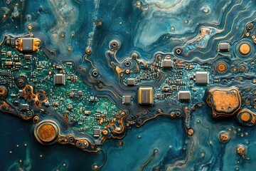 Poster - Abstract close-up of a circuit board, resembling an artistic, teal and gold landscape.