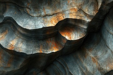 Leinwandbilder - Abstract rock formation with layered textures and rusty orange accents, showcasing natural beauty and geological patterns.