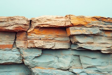 Poster - Layered rock formation with varying colors and textures, showing signs of erosion and weathering.