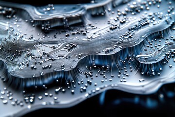 Poster - Abstract close-up of a circuit board, resembling a metallic landscape with intricate pathways and components.