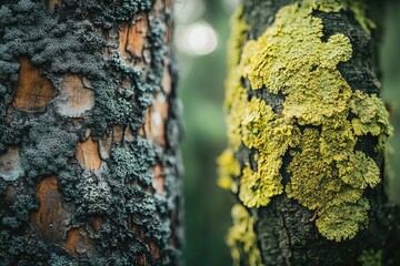 Close-up of tree bark covered in different types of lichen, showcasing textures and colors of nature.