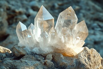 Poster - A cluster of sparkling quartz crystals emerges from a rough rock, illuminated by sunlight.