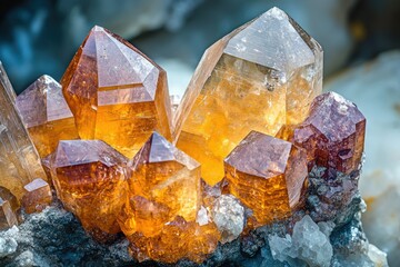 Poster - Cluster of lustrous, amber-colored quartz crystals, showcasing intricate formations and vibrant hues.