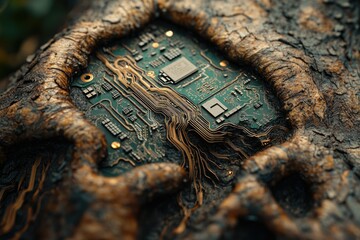 Poster - Circuit board embedded in tree bark, symbolizing technology's integration with nature.
