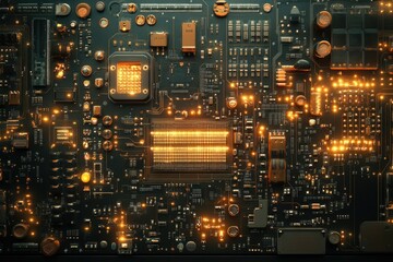Poster - Close-up view of a complex circuit board with glowing components, showcasing intricate electronic design and technological advancement.