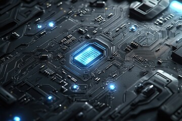 Fototapete - Close-up of a futuristic circuit board with glowing components, showcasing intricate technological detail.