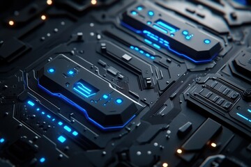 Fototapete - Futuristic tech circuit board with glowing blue lines, showcasing advanced technology and intricate design.