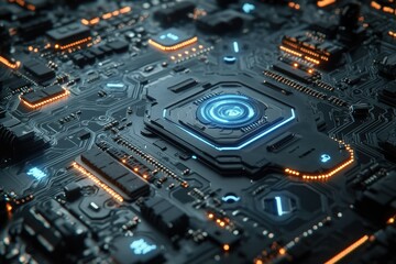 Fototapete - Close-up of a futuristic circuit board with glowing blue central processor and orange accents.