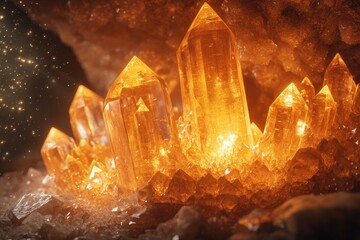 Poster - Luminous amber crystals cluster in a dark cave, glowing with inner light.