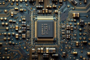 Poster - Close-up of a circuit board showcasing a central processor unit and intricate circuitry.