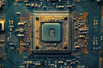 Poster - Close-up of a vintage circuit board showcasing a central processor unit and intricate circuitry.