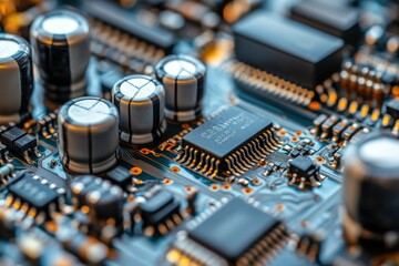 Poster - Close-up view of a circuit board showcasing intricate electronic components and microchips.