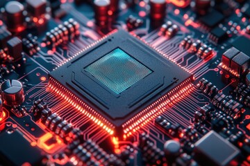 Fototapete - Close-up of a central processing unit (CPU) on a circuit board, glowing with red light.
