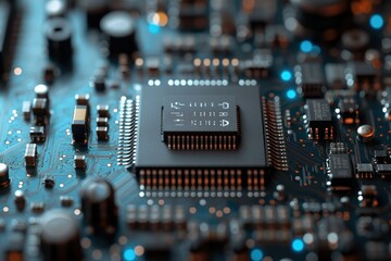 Poster - Close-up of a microchip on a circuit board, showcasing intricate electronic components and connections.