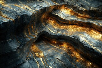Poster - Abstract image depicting a dark, textured rock formation with streaks of gold, resembling a cave or mountain.