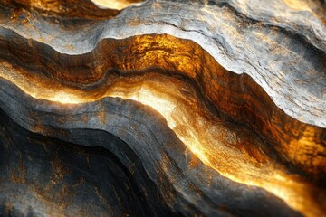 Aufkleber - Abstract digital art depicting a textured, undulating rock formation with glowing gold veins.