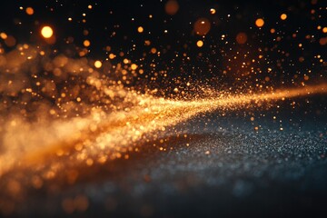 Poster - Abstract golden glitter particles flowing on dark background, creating a magical and luxurious effect.