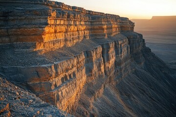 Aufkleber - Majestic layered sandstone cliffs bathed in the warm golden light of sunset, a breathtaking desert landscape.