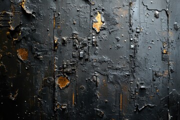 Poster - Abstract art depicting a dark, textured surface with gold accents, resembling damaged electronics or a futuristic ruin.