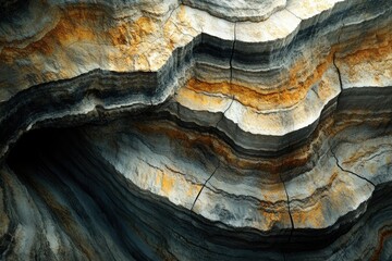 Poster - Layered rock formation with gray, black, and golden hues, showcasing intricate geological patterns.
