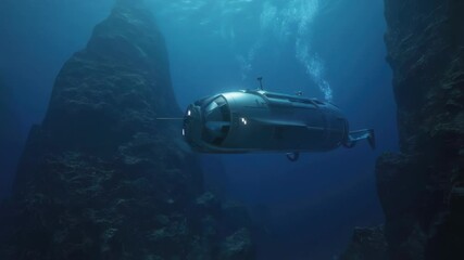 Wall Mural - modern submarine navigating through a deep ocean canyon, exploring underwater volcanic formations an
