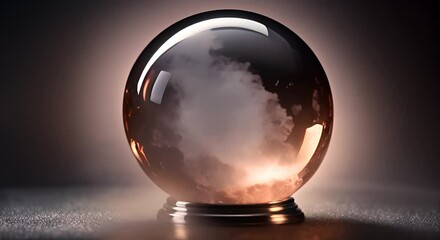 Wall Mural - glowing crystal ball sphere with smoke on dark background 4k