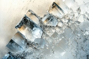 Poster - Close-up view of a cluster of translucent, grey-blue crystals exhibiting intricate, geometric formations.