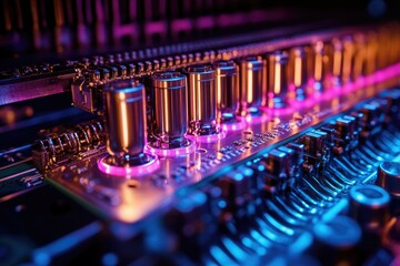 Aufkleber - Close-up of illuminated electronic components on a circuit board, showcasing intricate design and vibrant colors.