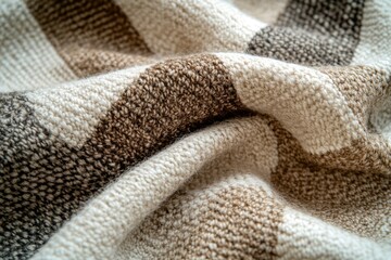 Poster - Close-up of a soft, woolen blanket with a textured, plaid pattern in neutral earth tones.