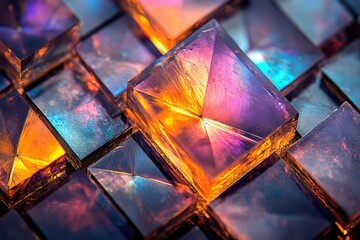 Leinwandbilder - A close-up view of iridescent, multifaceted cubic crystals, showcasing vibrant colors and intricate details.