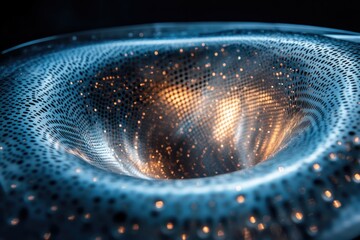Aufkleber - Abstract image depicting a swirling, metallic vortex with glowing particles, suggesting a technological or cosmic concept.