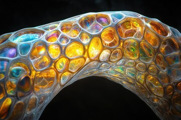 Poster - Abstract iridescent bioluminescent structure, resembling a cellular network glowing with internal light.