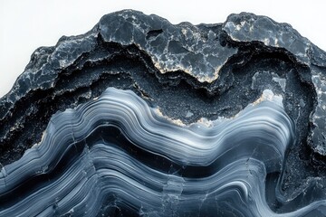Fototapete - Abstract image of a dark gray stone with white wavy lines, resembling a landscape or flowing water.