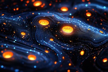 Aufkleber - Abstract digital art depicting a swirling, dark landscape with glowing orange and blue nodes, resembling a cosmic nebula or neural network.