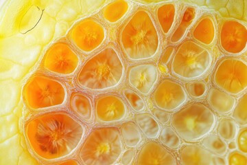 Poster - Close-up of honeycomb-like structure, vibrant yellow-orange hues, intricate network of cells.