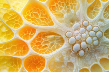 Leinwandbilder - Close-up of intricate, honeycomb-like structure with vibrant yellow and white sections.