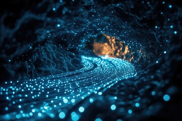 Poster - Glowing blue data streams flow through a dark, cavernous tunnel, representing digital pathways.
